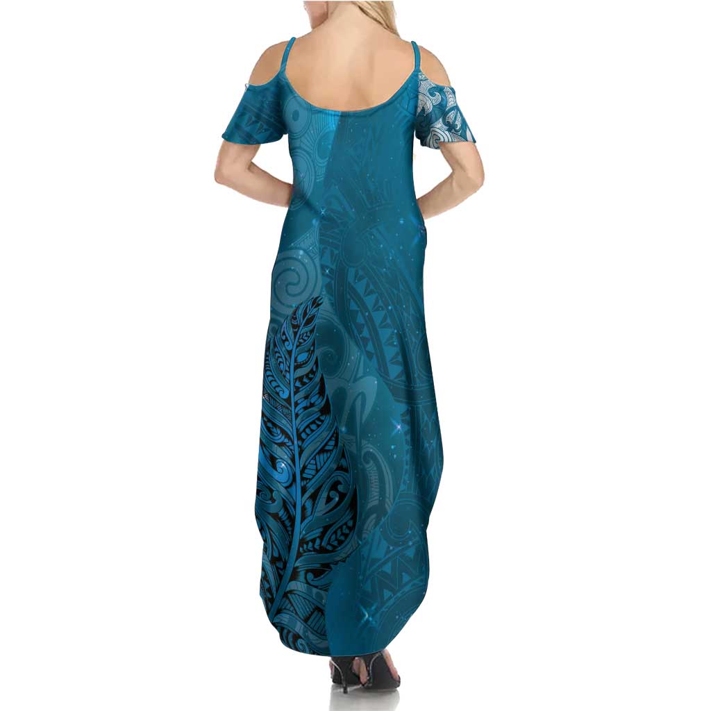 New Zealand Matariki Family Matching Summer Maxi Dress and Hawaiian Shirt Maori Manaia Galaxy Silver Fern Blue Color LT22 - Polynesian Pride