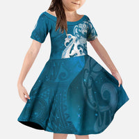 New Zealand Matariki Kid Short Sleeve Dress Maori Manaia Galaxy Silver Fern Blue Color LT22 KID Blue - Polynesian Pride