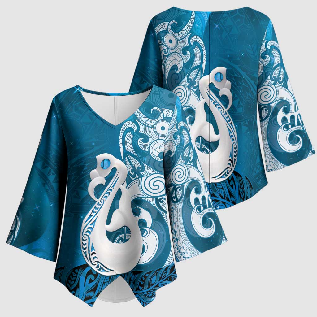 New Zealand Matariki Kimono Sleeve Blouse Maori Manaia Galaxy Silver Fern Blue Color LT22 - Polynesian Pride