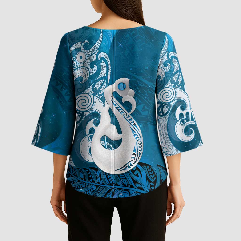 New Zealand Matariki Kimono Sleeve Blouse Maori Manaia Galaxy Silver Fern Blue Color LT22 - Polynesian Pride