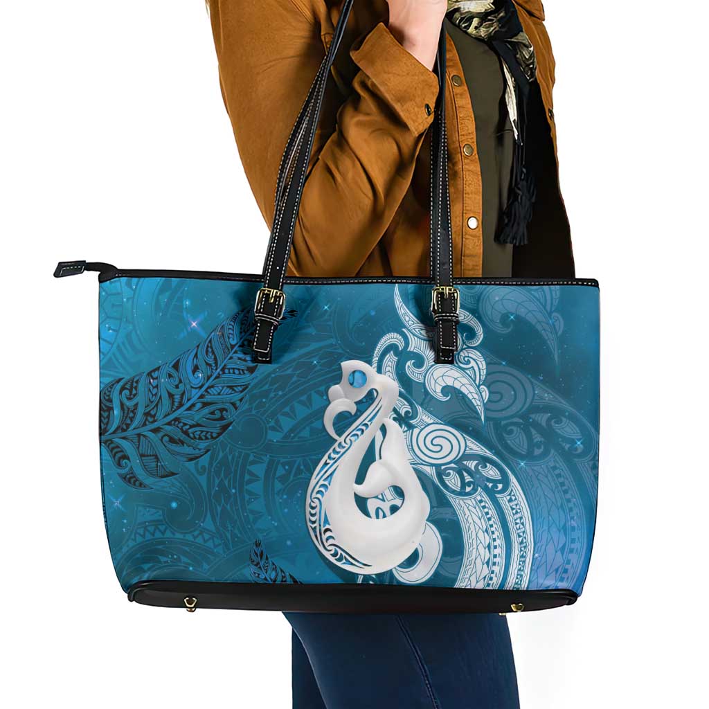 New Zealand Matariki Leather Tote Bag Maori Manaia Galaxy Silver Fern Blue Color LT22 - Polynesian Pride