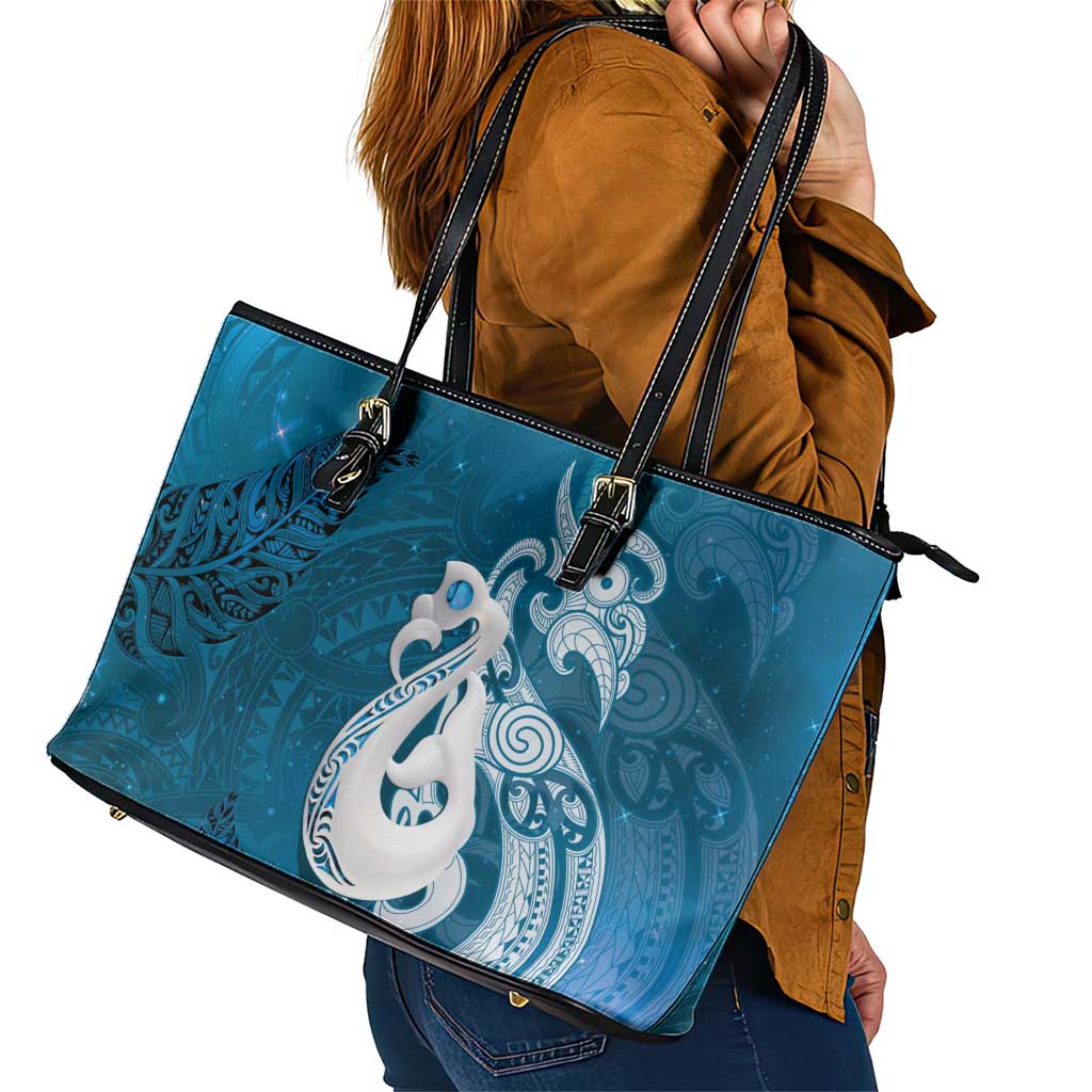 New Zealand Matariki Leather Tote Bag Maori Manaia Galaxy Silver Fern Blue Color LT22 - Polynesian Pride