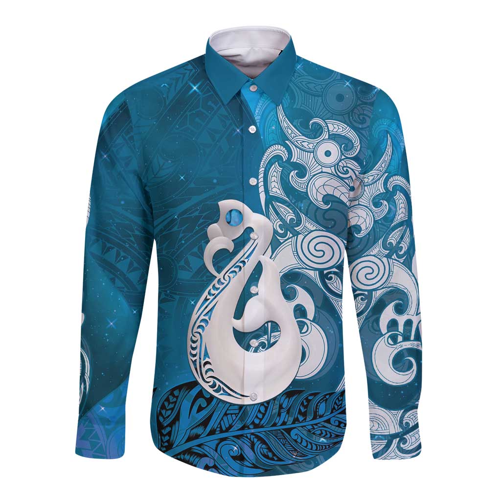 New Zealand Matariki Long Sleeve Button Shirt Maori Manaia Galaxy Silver Fern Blue Color LT22 Unisex Blue - Polynesian Pride