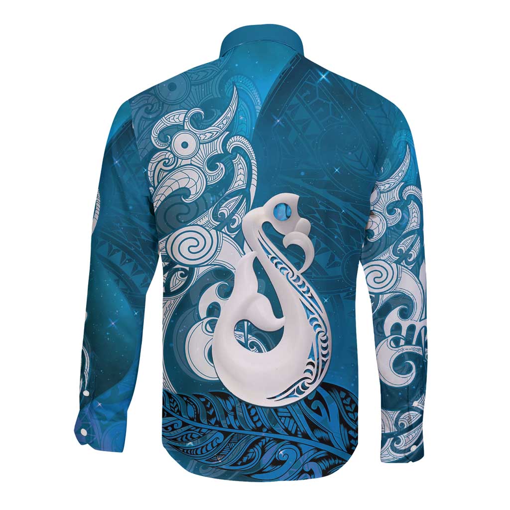 New Zealand Matariki Long Sleeve Button Shirt Maori Manaia Galaxy Silver Fern Blue Color LT22 - Polynesian Pride