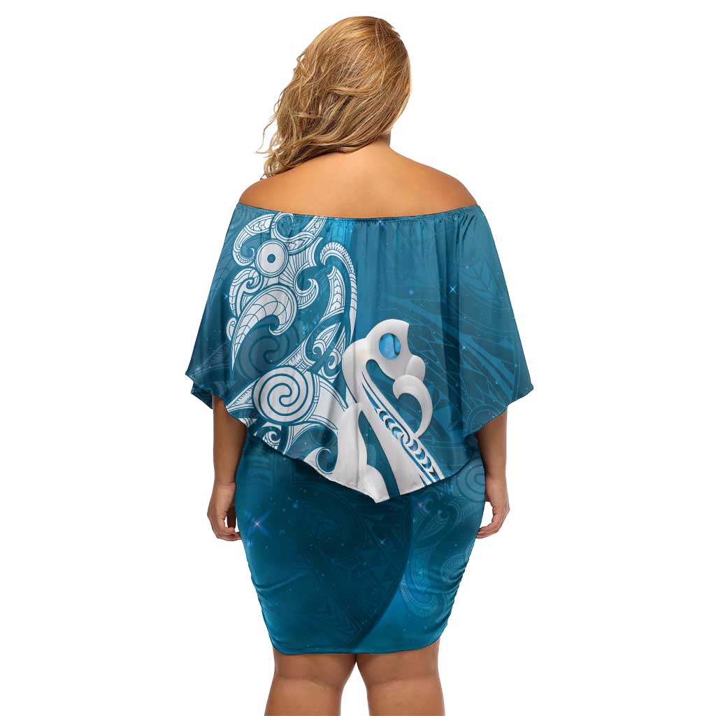 New Zealand Matariki Off Shoulder Short Dress Maori Manaia Galaxy Silver Fern Blue Color LT22 - Polynesian Pride