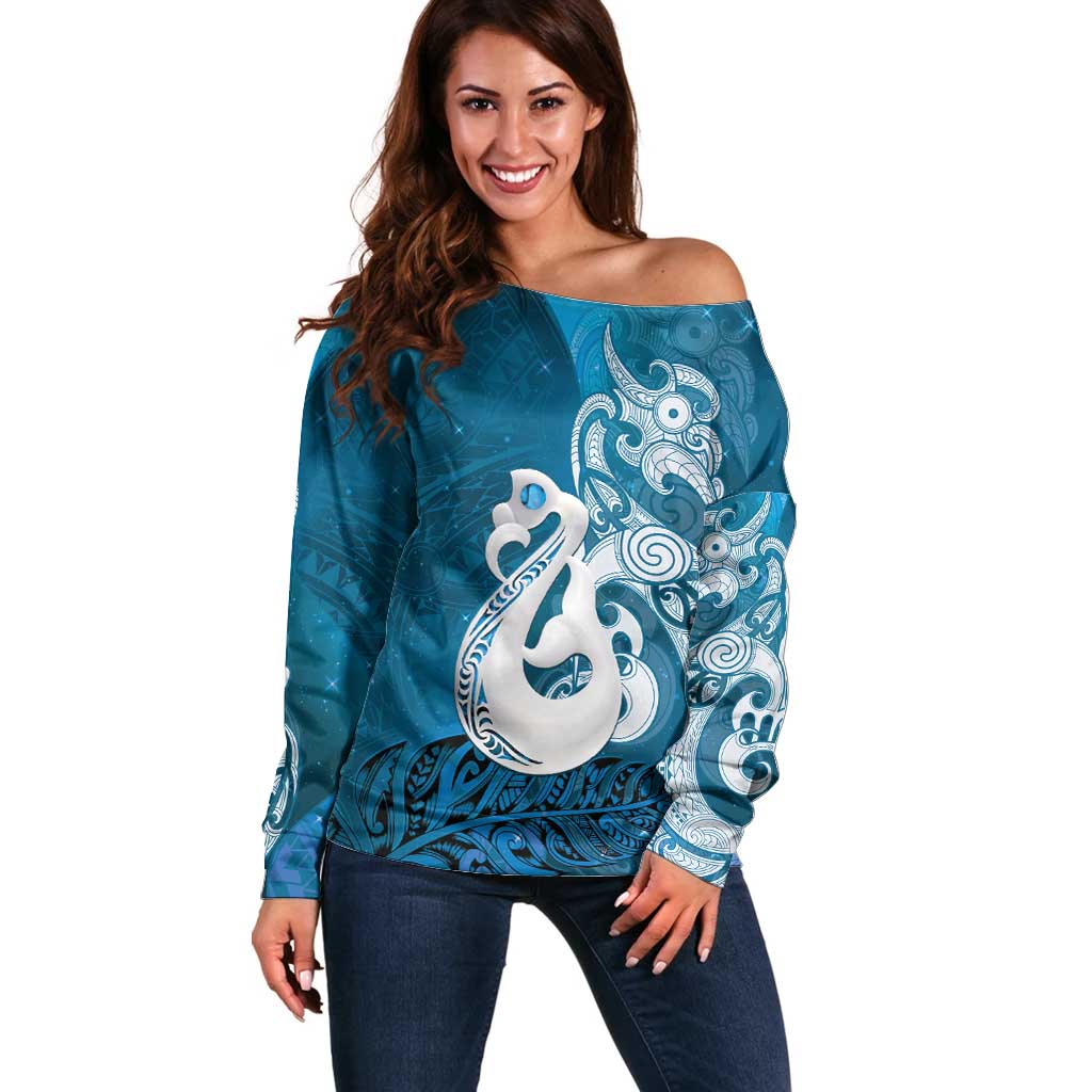 New Zealand Matariki Off Shoulder Sweater Maori Manaia Galaxy Silver Fern Blue Color