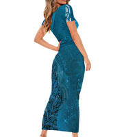 New Zealand Matariki Short Sleeve Bodycon Dress Maori Manaia Galaxy Silver Fern Blue Color LT22 - Polynesian Pride