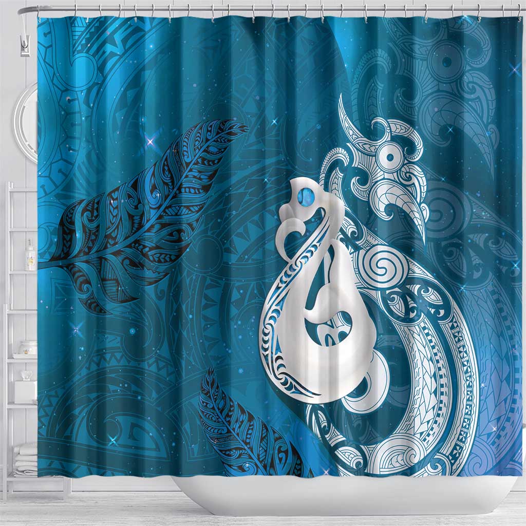 New Zealand Matariki Shower Curtain Maori Manaia Galaxy Silver Fern Blue Color LT22 - Polynesian Pride