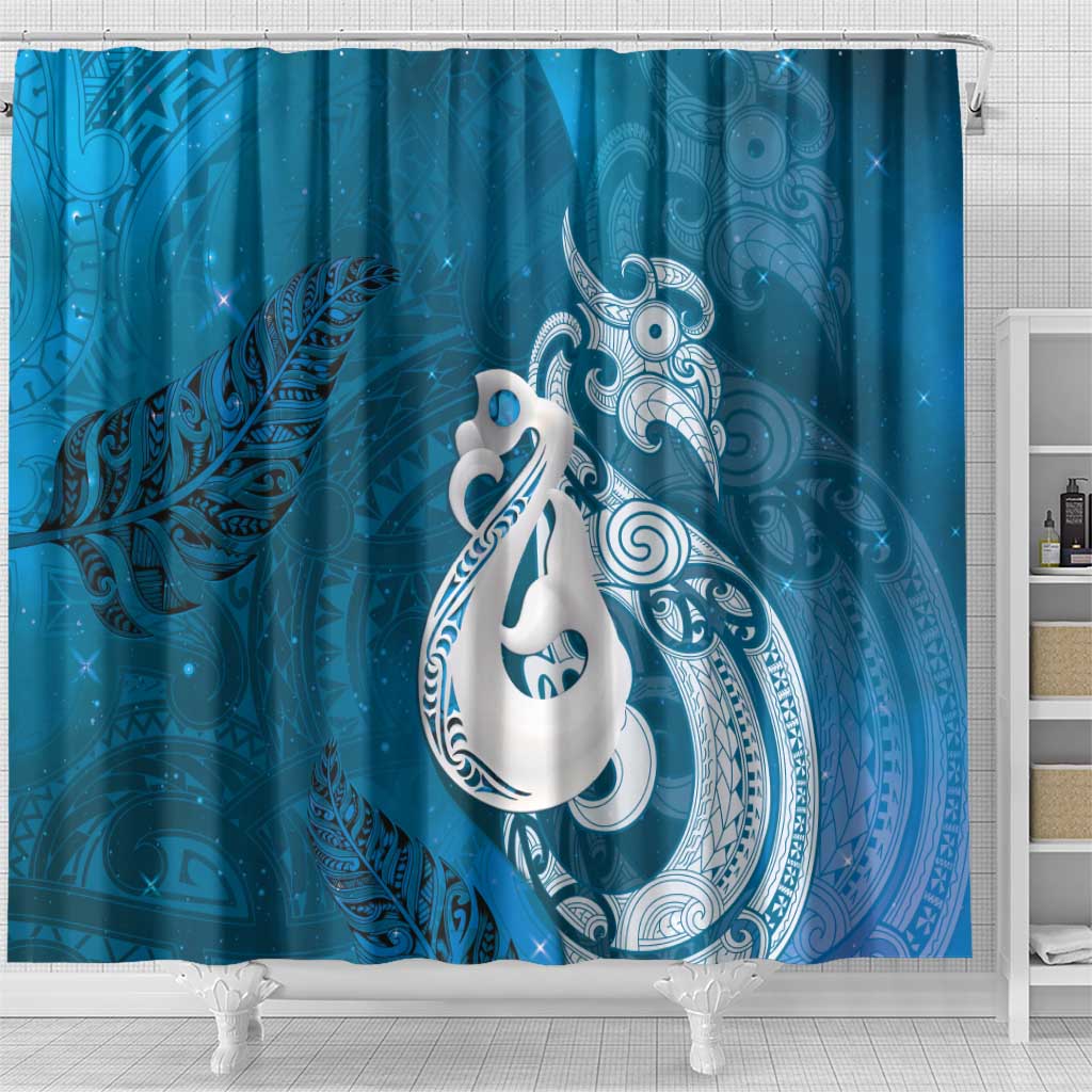 New Zealand Matariki Shower Curtain Maori Manaia Galaxy Silver Fern Blue Color LT22 - Polynesian Pride