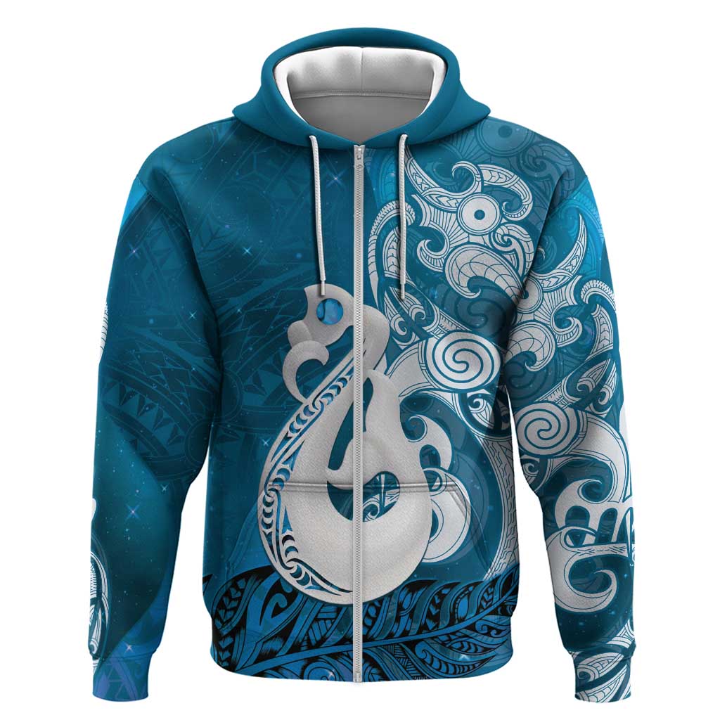 New Zealand Matariki Zip Hoodie Maori Manaia Galaxy Silver Fern Blue Color LT22 Zip Hoodie Blue - Polynesian Pride