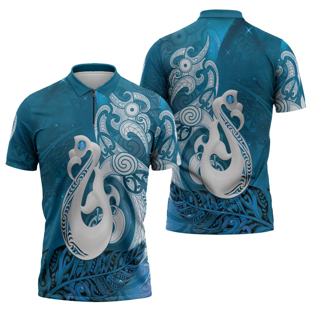 New Zealand Matariki Zipper Polo Shirt Maori Manaia Galaxy Silver Fern Blue Color LT22 - Polynesian Pride