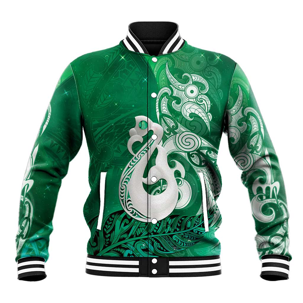 New Zealand Matariki Baseball Jacket Maori Manaia Galaxy Silver Fern Green Color
