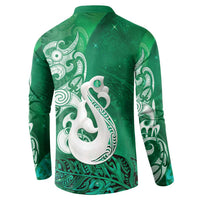 New Zealand Matariki Button Sweatshirt Maori Manaia Galaxy Silver Fern Green Color
