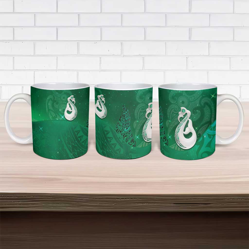 New Zealand Matariki Ceramic Mug Maori Manaia Galaxy Silver Fern Green Color