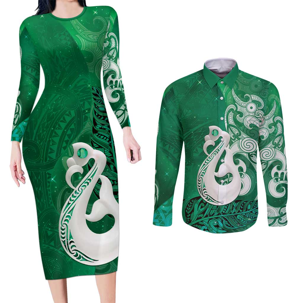 New Zealand Matariki Couples Matching Long Sleeve Bodycon Dress and Long Sleeve Button Shirt Maori Manaia Galaxy Silver Fern Green Color LT22 Green - Polynesian Pride