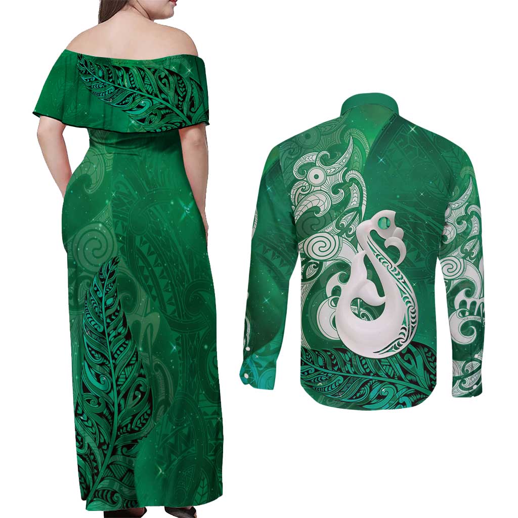 New Zealand Matariki Couples Matching Off Shoulder Maxi Dress and Long Sleeve Button Shirt Maori Manaia Galaxy Silver Fern Green Color LT22 - Polynesian Pride