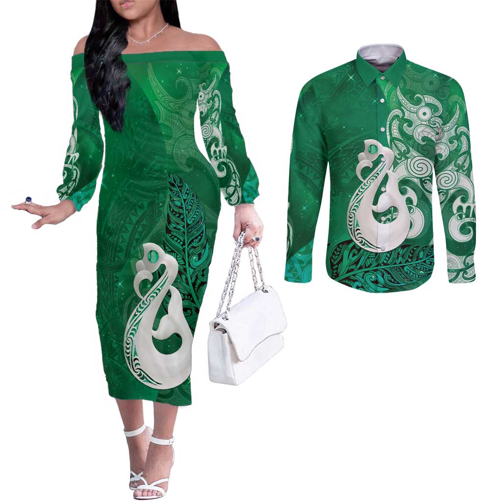New Zealand Matariki Couples Matching Off The Shoulder Long Sleeve Dress and Long Sleeve Button Shirt Maori Manaia Galaxy Silver Fern Green Color LT22 Green - Polynesian Pride