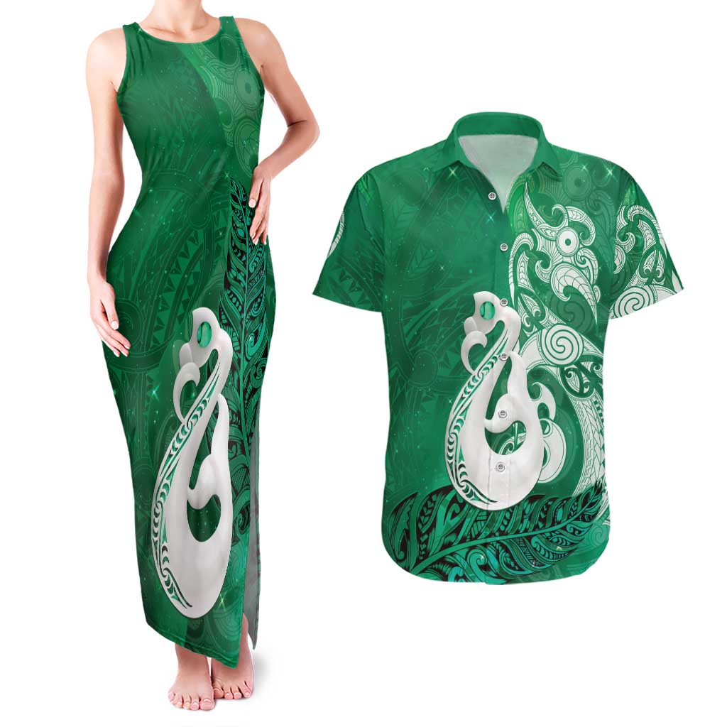 New Zealand Matariki Couples Matching Tank Maxi Dress and Hawaiian Shirt Maori Manaia Galaxy Silver Fern Green Color LT22 Green - Polynesian Pride
