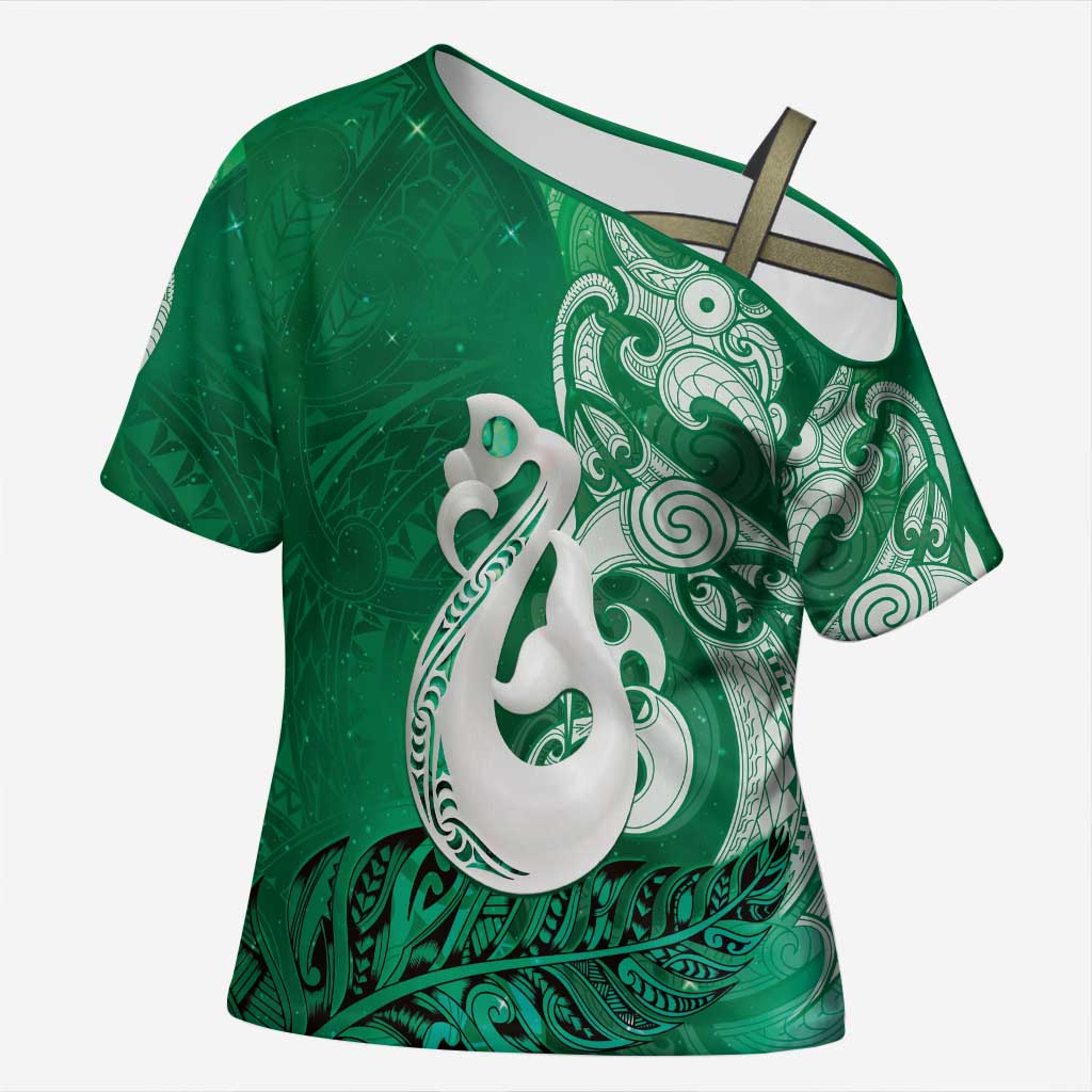 New Zealand Matariki Cross Shoulder Shirt Maori Manaia Galaxy Silver Fern Green Color LT22 Female Green - Polynesian Pride