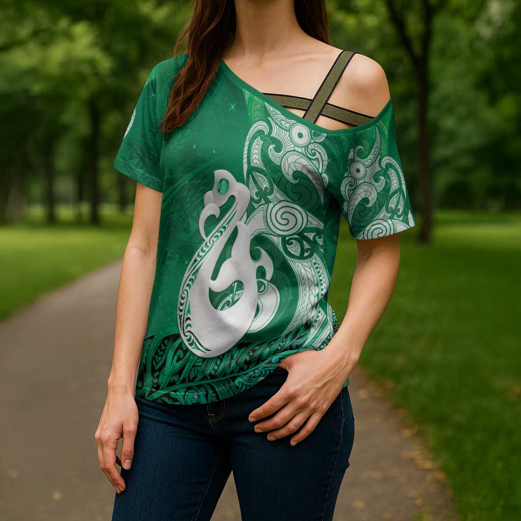 New Zealand Matariki Cross Shoulder Shirt Maori Manaia Galaxy Silver Fern Green Color LT22 - Polynesian Pride