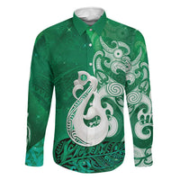 New Zealand Matariki Family Matching Off The Shoulder Long Sleeve Dress and Hawaiian Shirt Maori Manaia Galaxy Silver Fern Green Color LT22 Dad's Shirt - Long Sleeve Green - Polynesian Pride