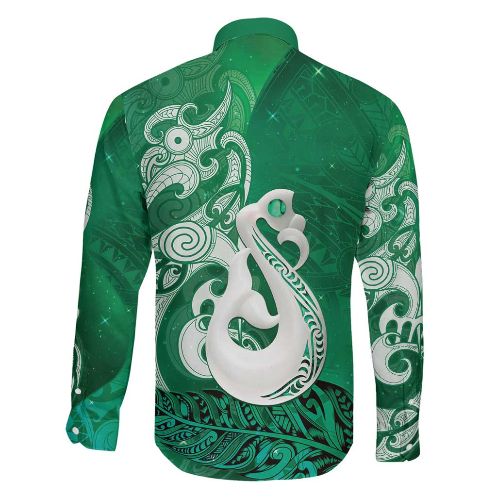 New Zealand Matariki Family Matching Off The Shoulder Long Sleeve Dress and Hawaiian Shirt Maori Manaia Galaxy Silver Fern Green Color LT22 - Polynesian Pride