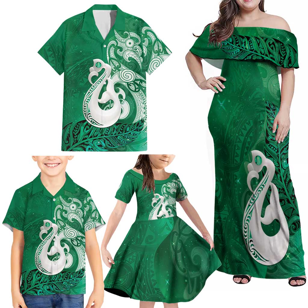 New Zealand Matariki Family Matching Off Shoulder Maxi Dress and Hawaiian Shirt Maori Manaia Galaxy Silver Fern Green Color