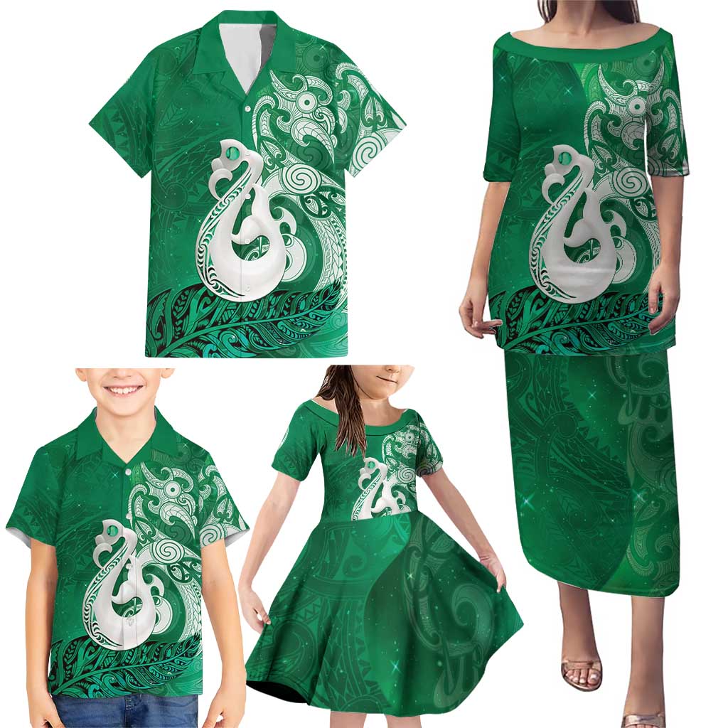 New Zealand Matariki Family Matching Puletasi and Hawaiian Shirt Maori Manaia Galaxy Silver Fern Green Color LT22 - Polynesian Pride