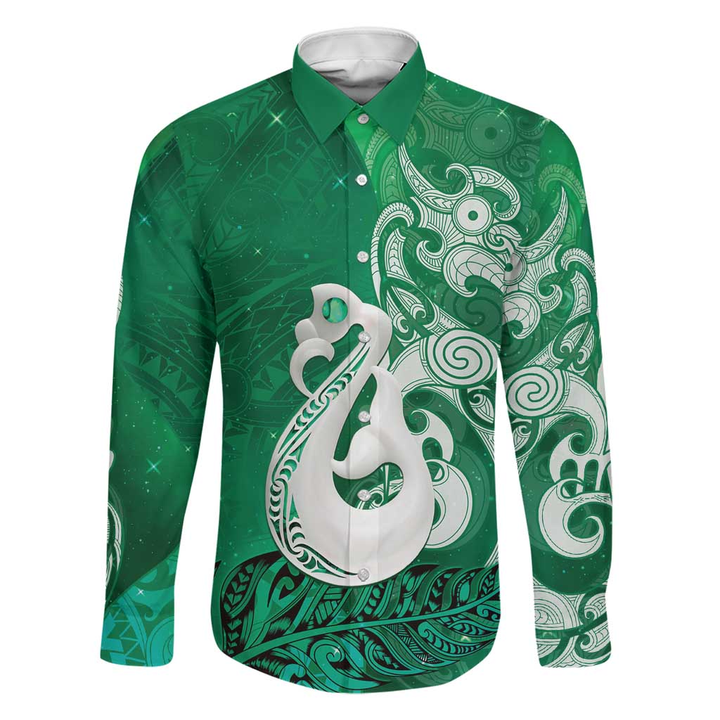 New Zealand Matariki Family Matching Puletasi and Hawaiian Shirt Maori Manaia Galaxy Silver Fern Green Color LT22 Dad's Shirt - Long Sleeve Green - Polynesian Pride