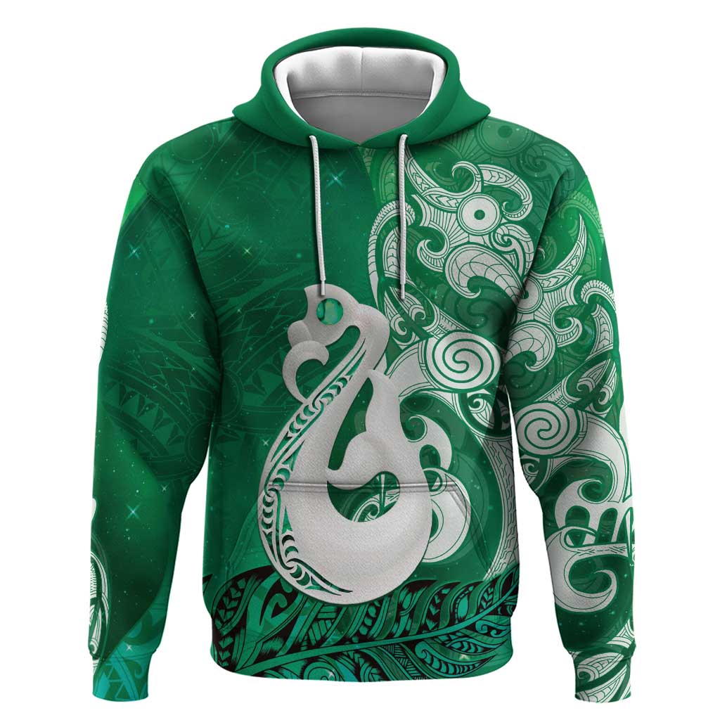 New Zealand Matariki Hoodie Maori Manaia Galaxy Silver Fern Green Color LT22 Pullover Hoodie Green - Polynesian Pride
