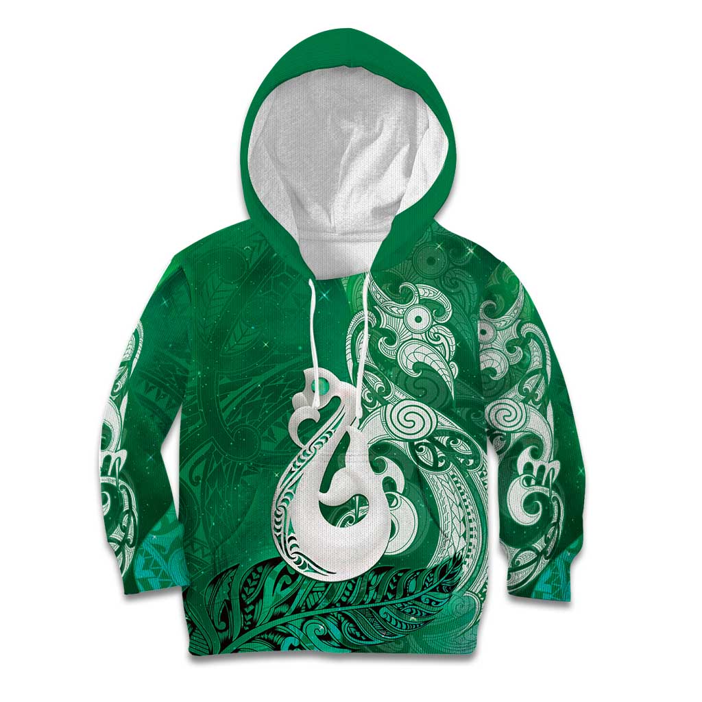 New Zealand Matariki Kid Hoodie Maori Manaia Galaxy Silver Fern Green Color