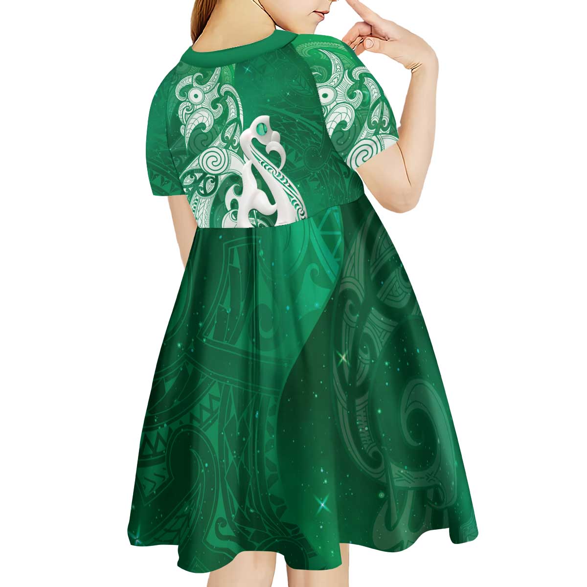 New Zealand Matariki Kid Short Sleeve Dress Maori Manaia Galaxy Silver Fern Green Color LT22 - Polynesian Pride