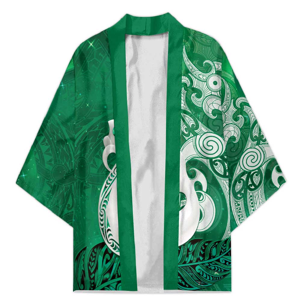 New Zealand Matariki Kimono Maori Manaia Galaxy Silver Fern Green Color LT22 Unisex Green - Polynesian Pride