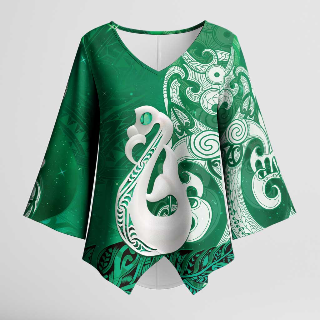 New Zealand Matariki Kimono Sleeve Blouse Maori Manaia Galaxy Silver Fern Green Color LT22 Female Green - Polynesian Pride