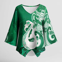New Zealand Matariki Kimono Sleeve Blouse Maori Manaia Galaxy Silver Fern Green Color LT22 Female Green - Polynesian Pride