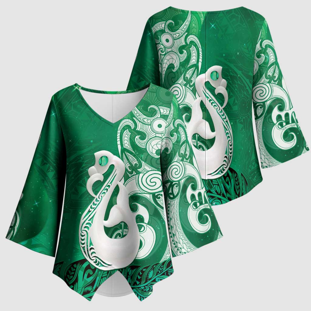 New Zealand Matariki Kimono Sleeve Blouse Maori Manaia Galaxy Silver Fern Green Color LT22 - Polynesian Pride