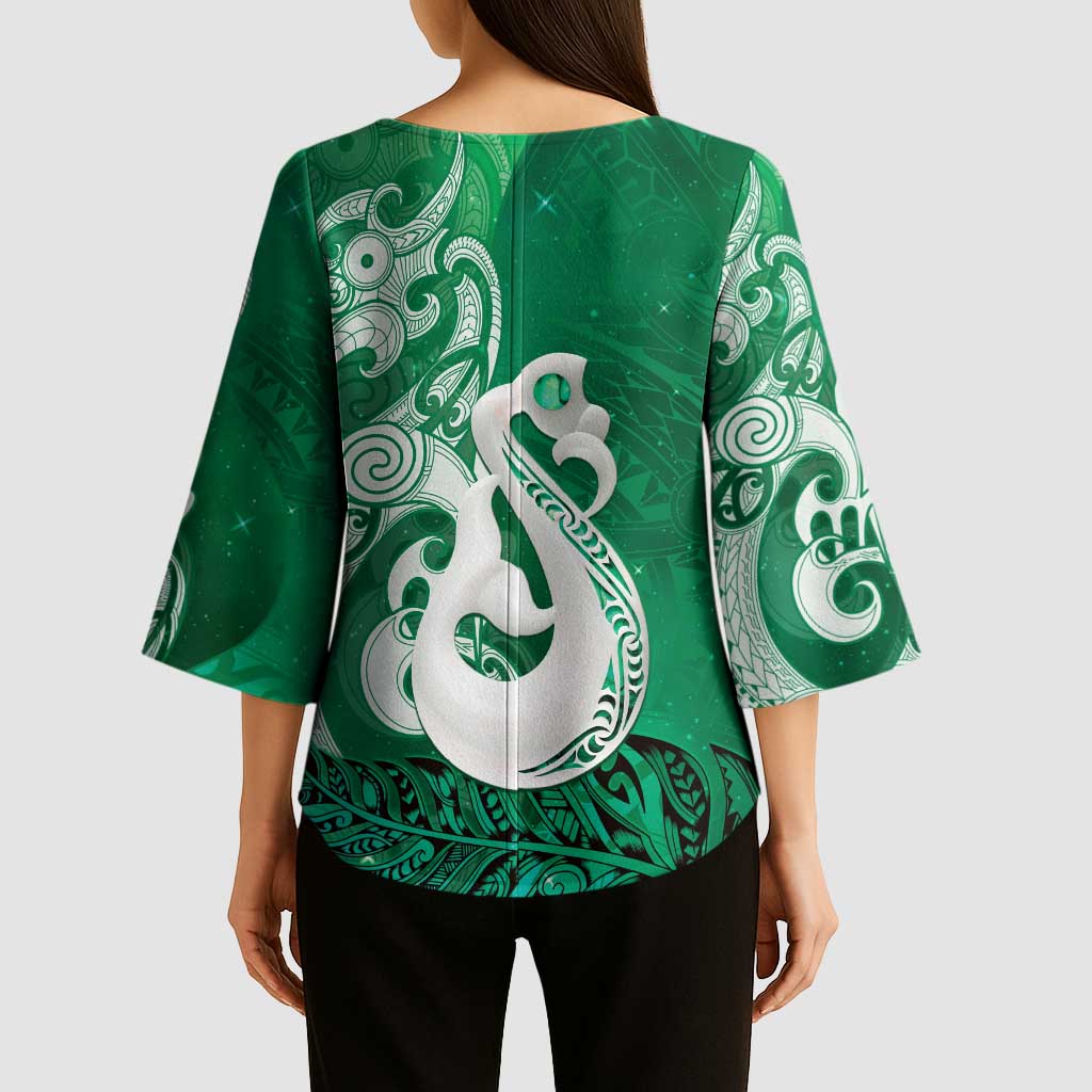 New Zealand Matariki Kimono Sleeve Blouse Maori Manaia Galaxy Silver Fern Green Color LT22 - Polynesian Pride