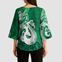 New Zealand Matariki Kimono Sleeve Blouse Maori Manaia Galaxy Silver Fern Green Color LT22 - Polynesian Pride