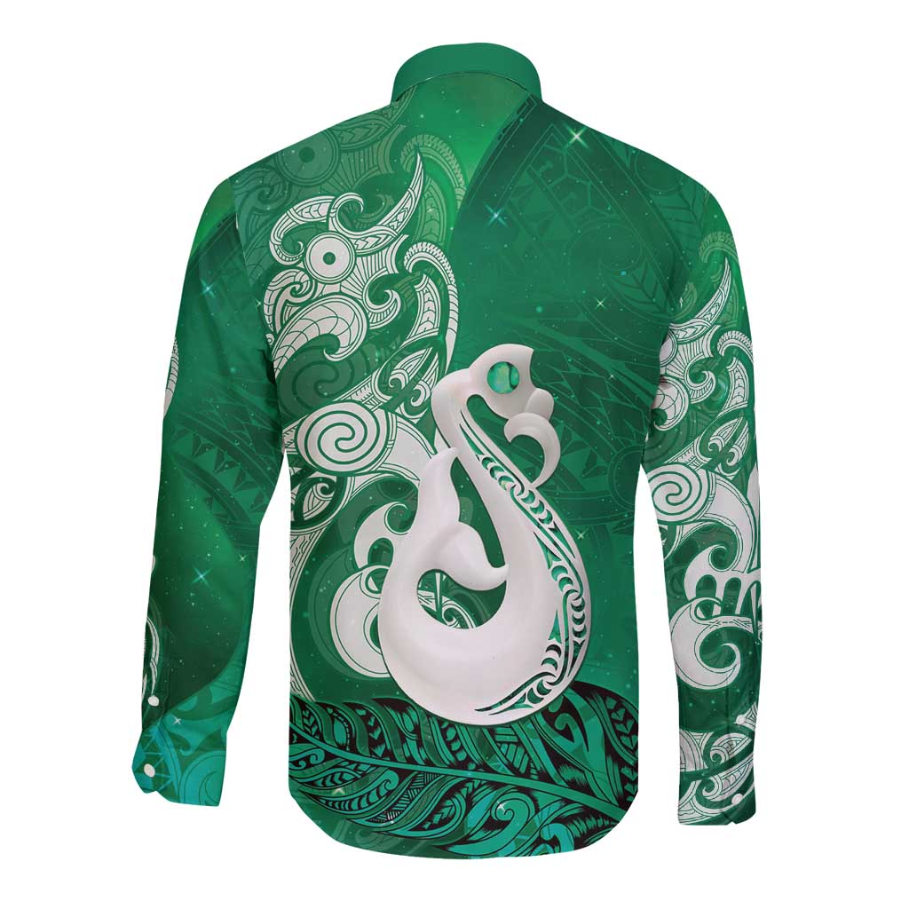 New Zealand Matariki Long Sleeve Button Shirt Maori Manaia Galaxy Silver Fern Green Color LT22 - Polynesian Pride