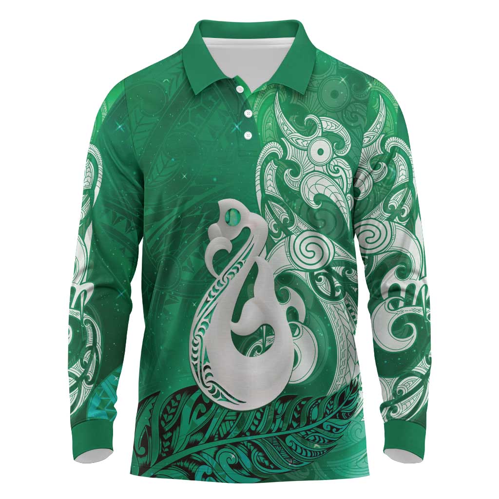 New Zealand Matariki Long Sleeve Polo Shirt Maori Manaia Galaxy Silver Fern Green Color LT22 Green - Polynesian Pride