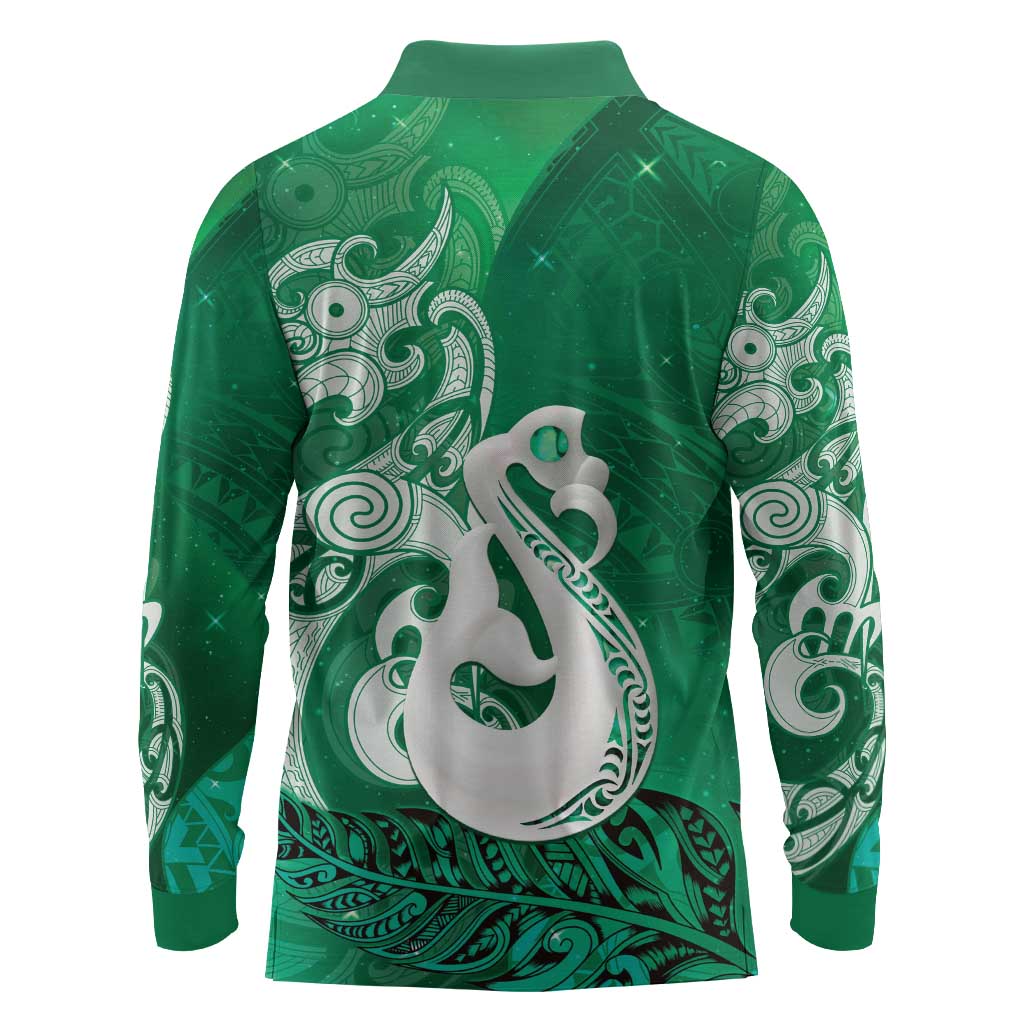 New Zealand Matariki Long Sleeve Polo Shirt Maori Manaia Galaxy Silver Fern Green Color LT22 - Polynesian Pride