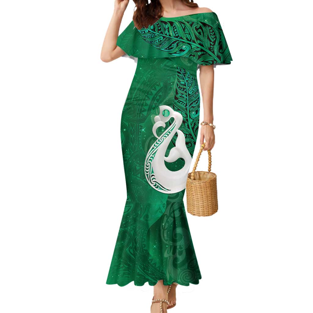 New Zealand Matariki Mermaid Dress Maori Manaia Galaxy Silver Fern Green Color
