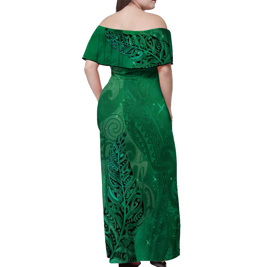 New Zealand Matariki Off Shoulder Maxi Dress Maori Manaia Galaxy Silver Fern Green Color LT22 - Polynesian Pride