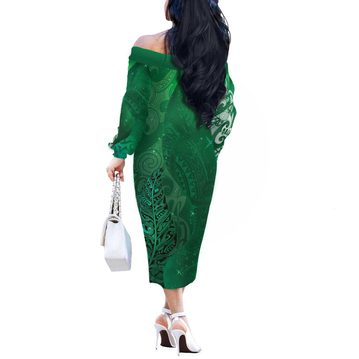 New Zealand Matariki Off The Shoulder Long Sleeve Dress Maori Manaia Galaxy Silver Fern Green Color LT22 - Polynesian Pride