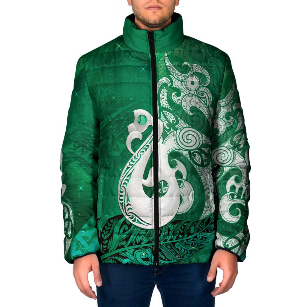 New Zealand Matariki Padded Jacket Maori Manaia Galaxy Silver Fern Green Color