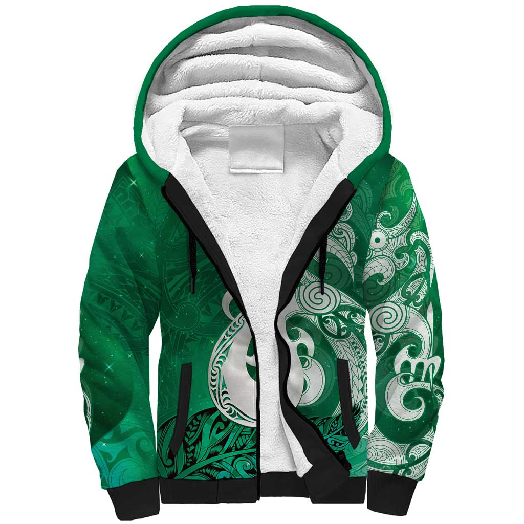 New Zealand Matariki Sherpa Hoodie Maori Manaia Galaxy Silver Fern Green Color LT22 Unisex Green - Polynesian Pride