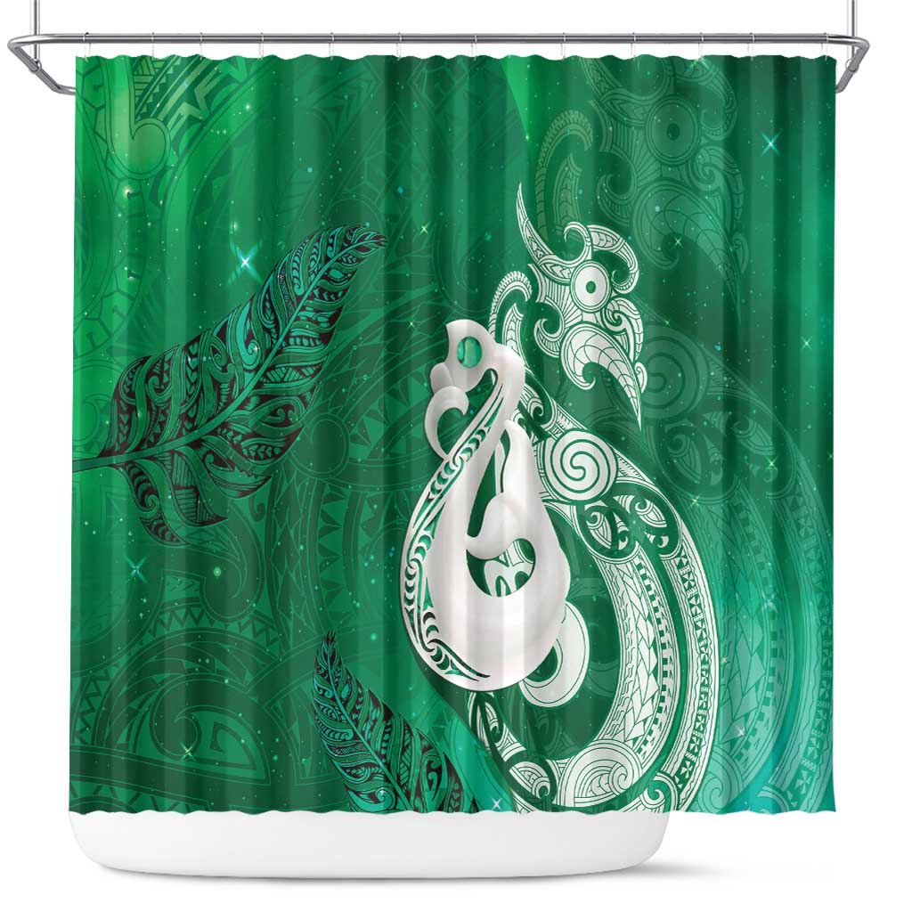 New Zealand Matariki Shower Curtain Maori Manaia Galaxy Silver Fern Green Color LT22 Green - Polynesian Pride