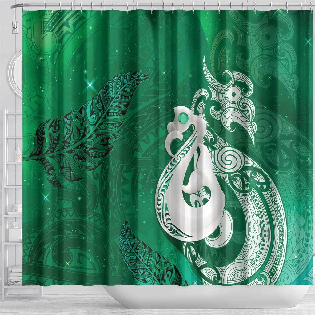 New Zealand Matariki Shower Curtain Maori Manaia Galaxy Silver Fern Green Color LT22 - Polynesian Pride