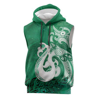 New Zealand Matariki Sleeveless Hoodie Maori Manaia Galaxy Silver Fern Green Color LT22 Green - Polynesian Pride