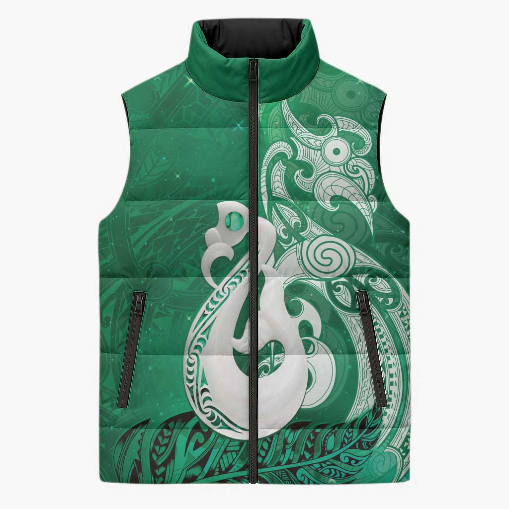 New Zealand Matariki Sleeveless Puffer Jacket Maori Manaia Galaxy Silver Fern Green Color LT22 Unisex Green - Polynesian Pride
